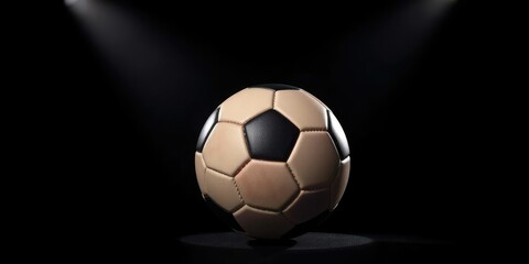 Fototapeta premium Football on black background under spotlight beam creating deep shadows and contrast, football, shadow play, spotlight