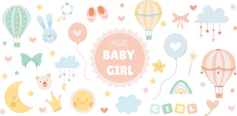 Set with cute toys and decor for a little girl on a white background