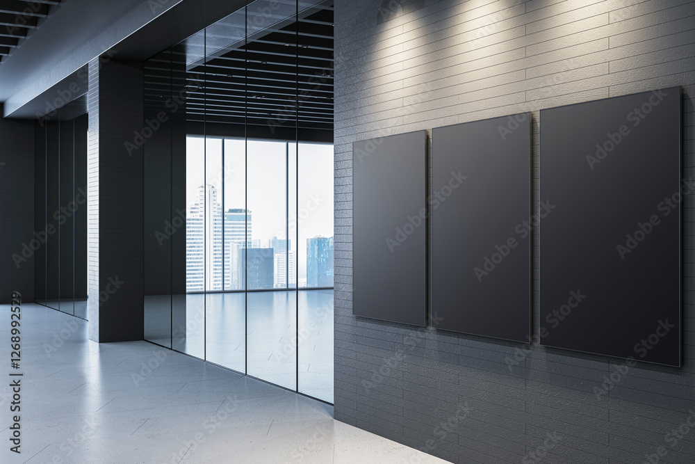 Poster modern office interior with three black vertical mockup frames on dark brick wall. glass partitions 