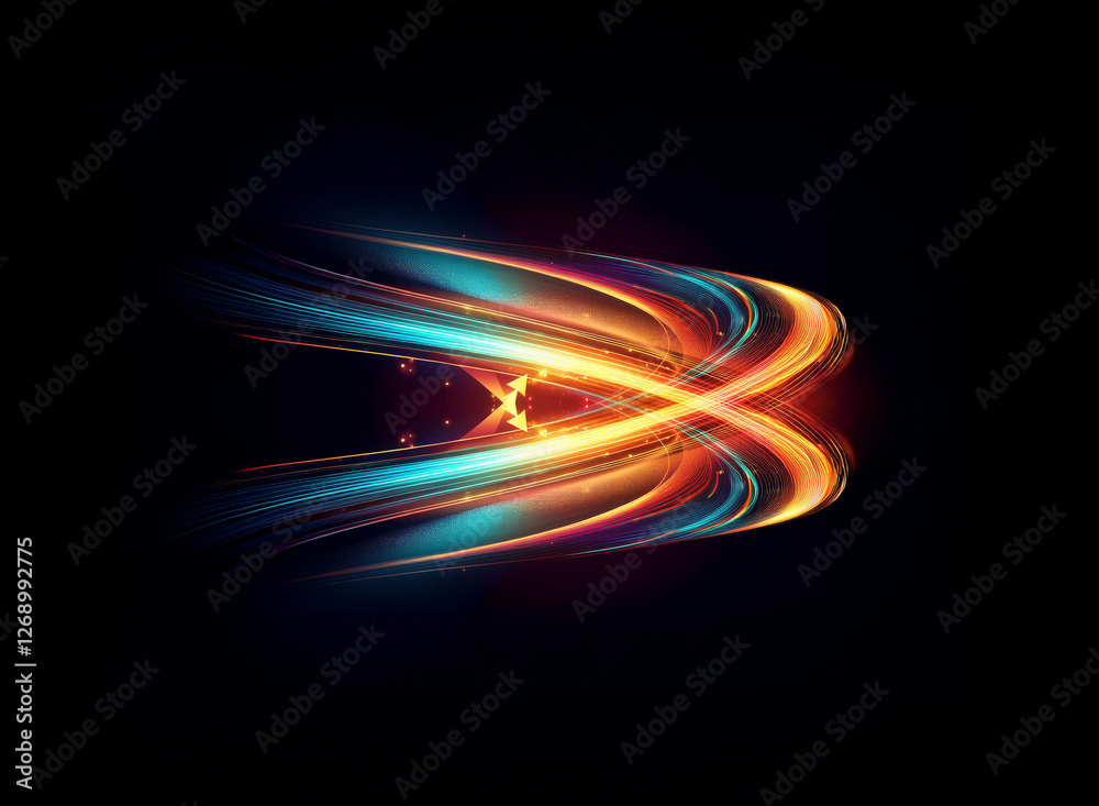 Leinwandbilder dynamic streaks of vibrant light, blue and orange hues blend and curve gracefully on a stark black b