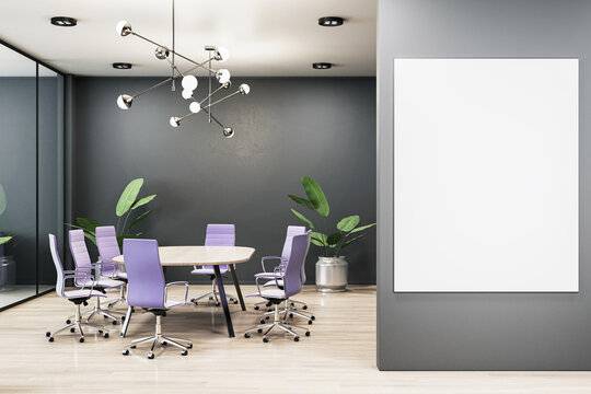 Modern conference room with purple chairs, wooden table, and blank vertical canvas on grey wall. 3D Rendering