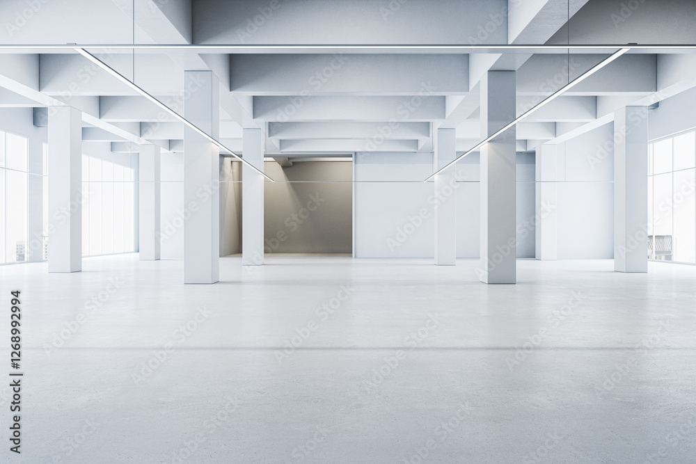 Poster Modern open interior space with white pillars and panoramic windows. 3D Rendering