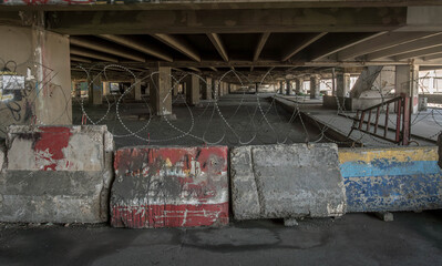 The road blocks and barbed wire on the streets of Beirut, during the crisis in Lebanon. 
