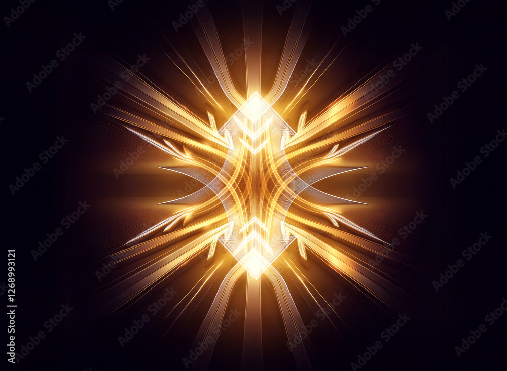 Aufkleber Symmetrical glowing abstract design with radiating light beams against a dark backdrop. The central shape has an intricate, ornate feel.