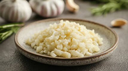 A tiny plate of fresh minced garlic, aromatic and tasty