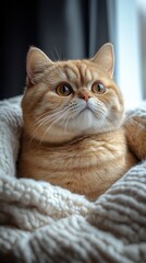 Obraz premium Fluffy ginger cat resting peacefully in a cozy blanket by the window during a sunny afternoon