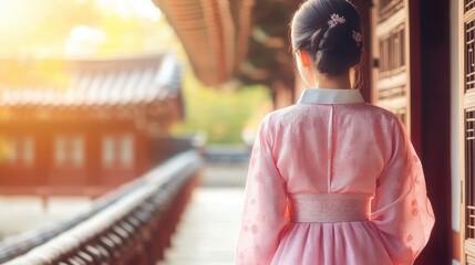 Fototapeta premium Back view of korean asian woman in traditional korean dress or hanbok dress walking in old palace in night with full moon, Seoul city, South Korea,copy space.