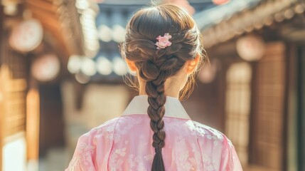 Back view of korean asian woman in traditional korean dress or hanbok dress walking in old palace in night with full moon, Seoul city, South Korea,copy space.