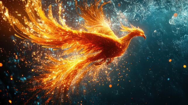 A mythical firebird soaring upwards, vibrant orange and crimson plumes, dynamic motion with sparks trailing