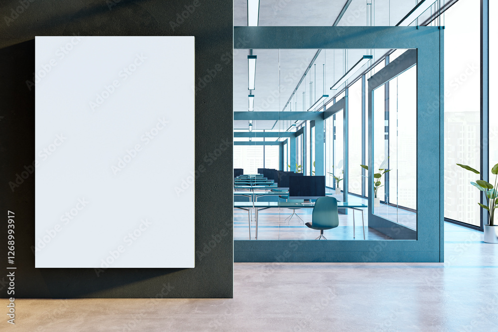 Aufkleber modern office interior with empty vertical canvas on dark wall. 3d rendering