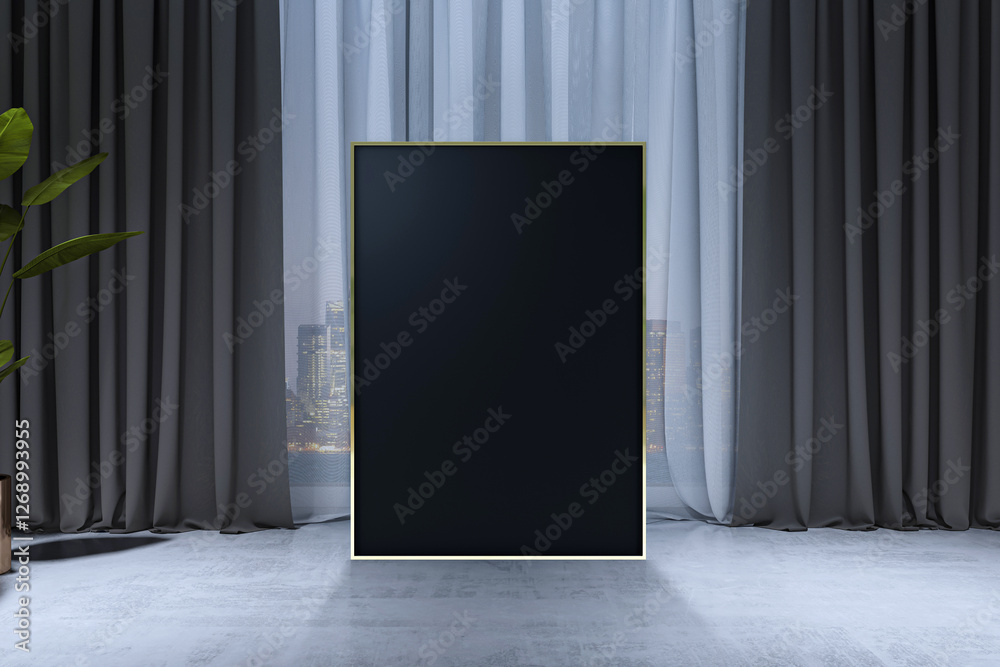 Poster large black vertical canvas with gold frame in modern interior at night. 3d rendering