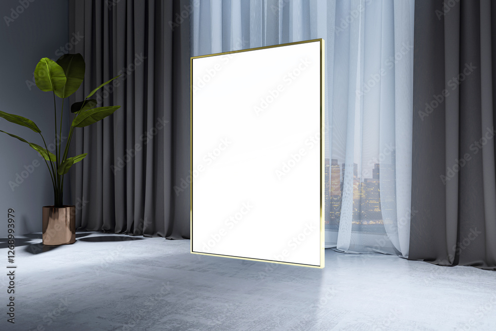 Poster blank vertical frame in modern interior with concrete floor and curtains at night. 3d rendering