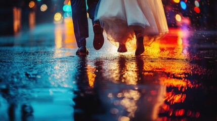 Happy Wedding couple dancing and running in the rain,city night,Young joyful bride and groom emotionally dancing on road,honeymoon and romantic night,valentine,sweet moment,copy space.