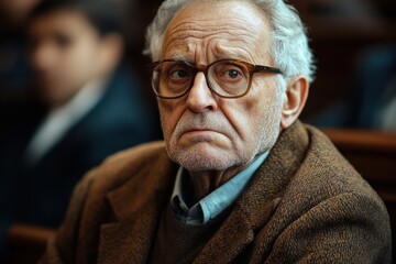 Elderly man with glasses displaying concern while seated in a courtroom during a trial in the afternoon light