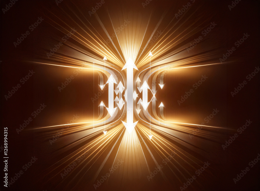 Poster Abstract image featuring a central bright light source with glowing arrows radiating outwards and upwards, creating a dynamic and energetic effect.