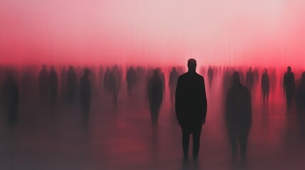 Fototapeta premium Colorful silhouette pf person standing in monochrome crowd of different people,surreal unique and different concept,loneliness in society,shadow,freedom,Love,be yourself,Stand out from the crowd.