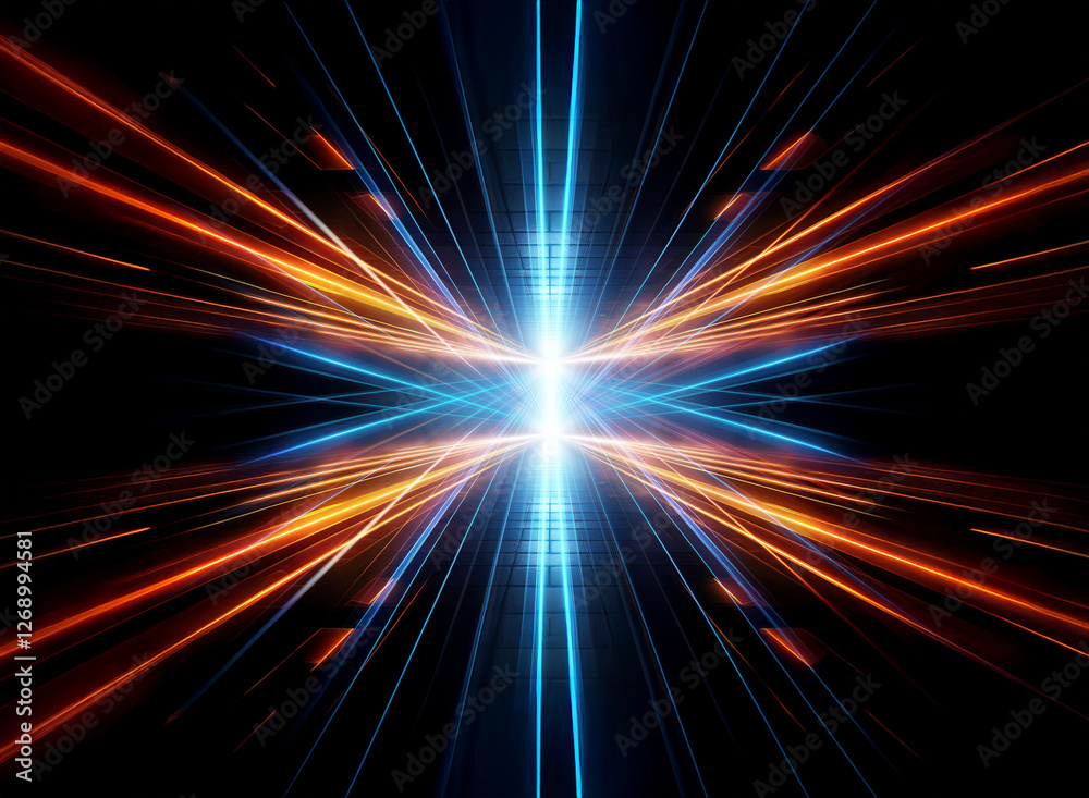 Poster Abstract image features converging and diverging lines of blue and orange emanating from a central bright point on a dark backdrop, creating a sense of speed and energy.