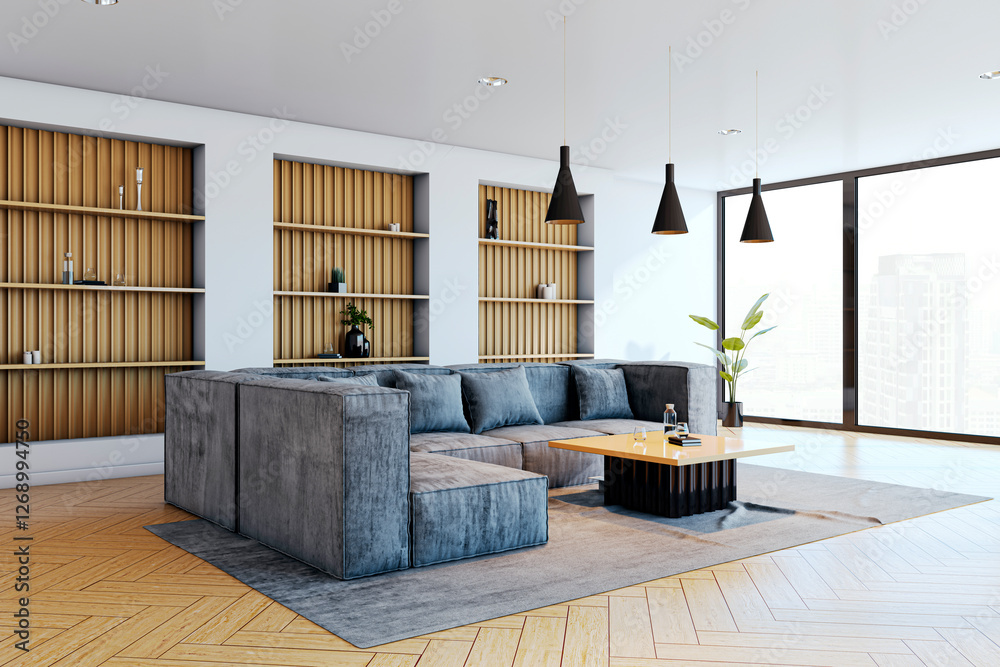 Poster modern living room with large windows and city view. 3d rendering