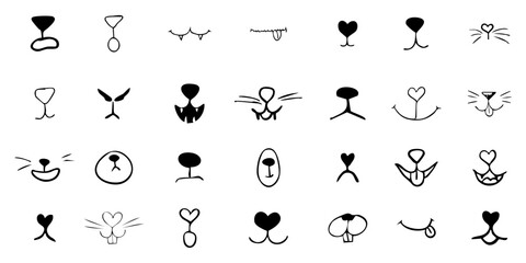 Pet mouth comic cute line doodle drawing. Set lips, noses and whiskers animal characters. Funny heart nose, hand drawn faces.