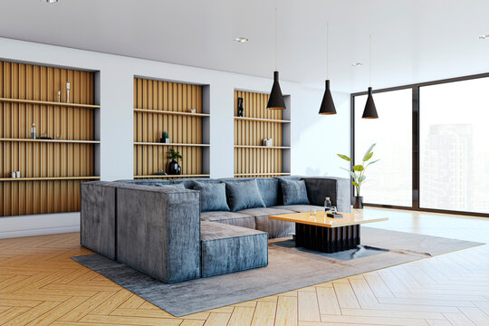 Modern living room with large windows and city view. 3D Rendering
