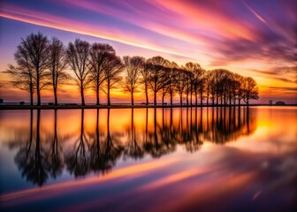 Obraz premium Long Exposure Photography of a Row of Trees at Sunset, Vibrant Colors and Silky Smooth Water