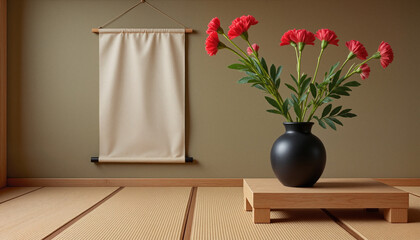 Fototapeta premium Traditional Japanese tea room with red carnations arrangement, showcasing Zen simplicity