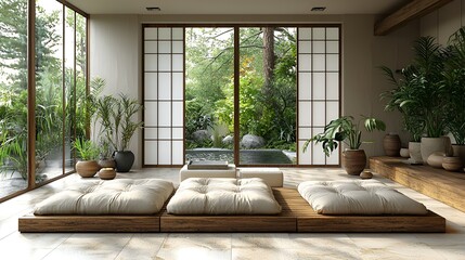 Fototapeta premium Zen garden room, indoor relaxation, tranquil patio view, sunlight, peaceful atmosphere, meditation space