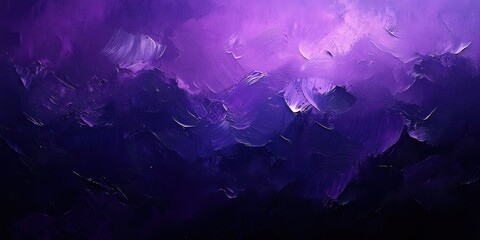 Vibrant abstract painting featuring dynamic shades of purple and deep blue reminiscent of twilight sky
