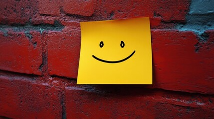 Bright yellow sticky note with a smiley face stuck to a red brick wall during daylight hours in an urban setting promoting positivity and joy
