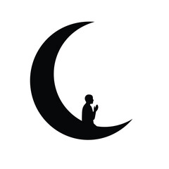 Silhouette vector illustration of a crescent moon with a person praying on a white background.