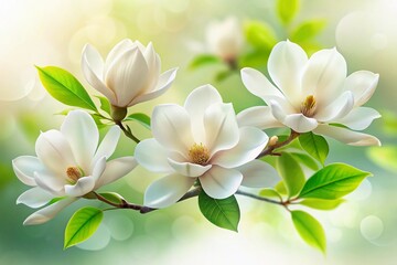 Long Exposure White Magnolia Blossoms & Green Leaves on White