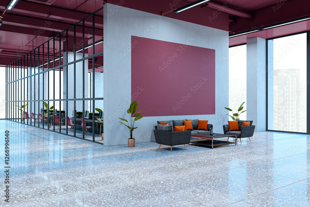 Aufkleber modern office waiting area with sofa seating, large windows, and a blank wall for mockup display. 3d