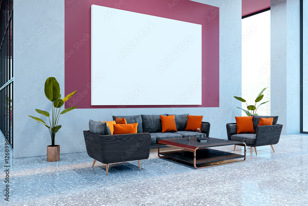 Aufkleber Modern waiting area with sofa seating and large blank canvas on the wall. 3D Rendering