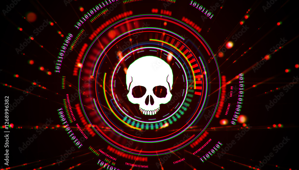 Poster Cyber threat skull symbol with digital glitch effect on futuristic red background. 3D Rendering