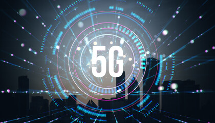 Futuristic 5G technology concept with glowing digital elements over a city skyline at night.