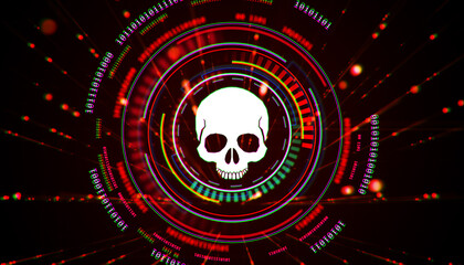 Cyber threat skull symbol with digital glitch effect on futuristic red background. 3D Rendering