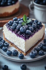 Delicious blueberry cheesecake served on a plate with fresh blueberries and mint on top in a cozy kitchen setting