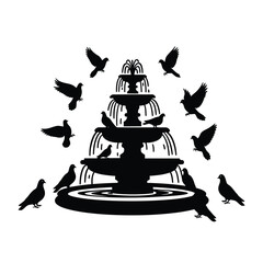 Silhouette vector illustration of a fountain and pigeons icon