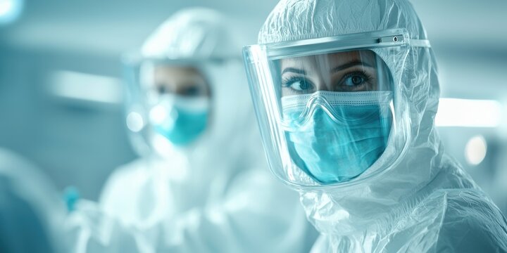 Close-up of female medical professional wearing PPE including face shield mask and protective suit in clinical setting