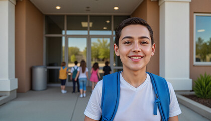 Happy boy with blue backpack smiling in front of school entrance, ready for day