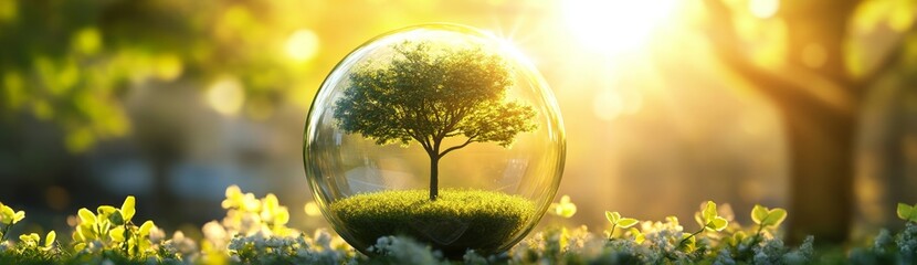 Glass orb tree sunrise forest eco-conservation
