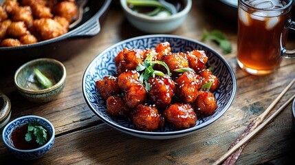 General Tso's Chicken served on a traditional Asian porcelain plate, chopsticks delicately picking up a saucy piece 