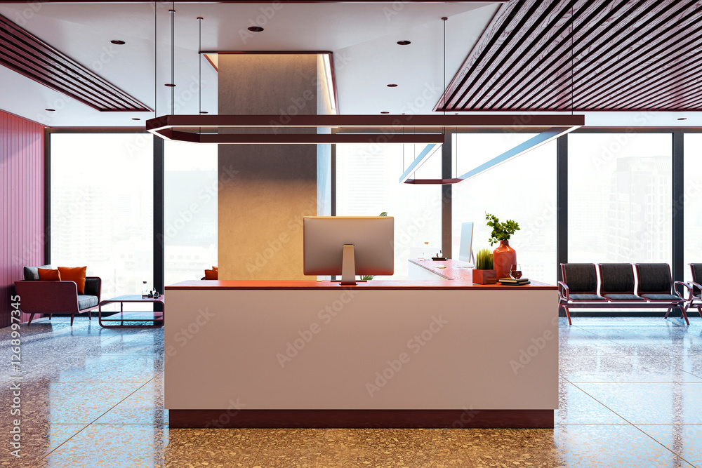 Aufkleber Modern office reception desk with a computer in a contemporary business lobby. Large windows offer a city view, creating a bright workspace. 3D Rendering