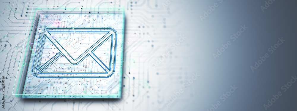 Poster Digital email icon with circuit board texture on futuristic background. 3D Rendering