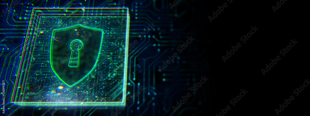 Poster Digital shield with keyhole symbol representing cybersecurity. 3D Rendering