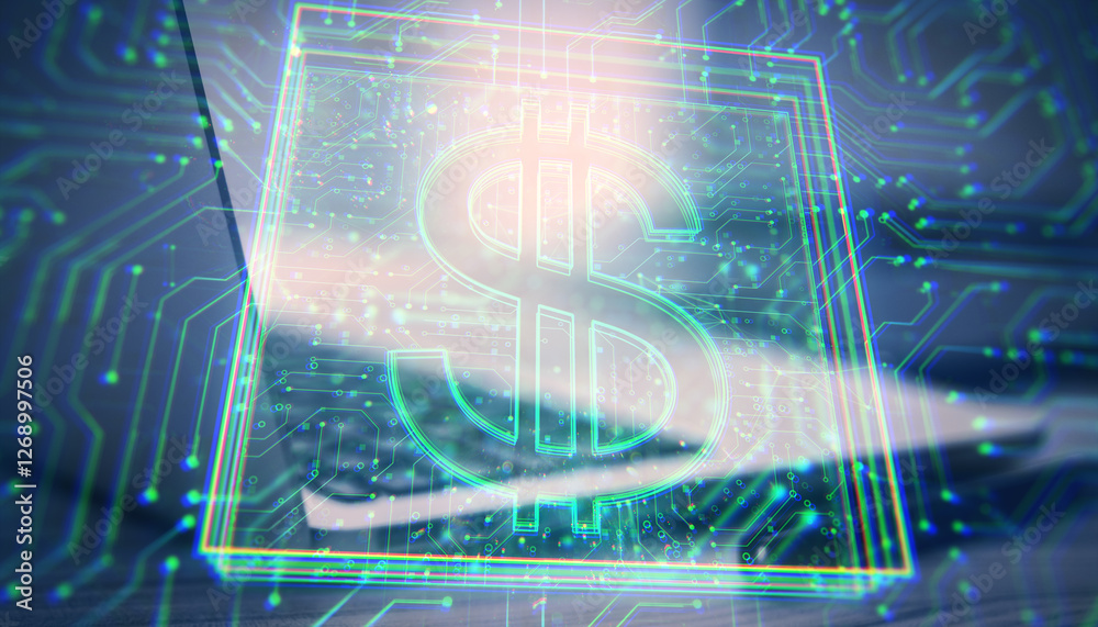 Poster Digital dollar sign with circuit board pattern overlay on blurred background.