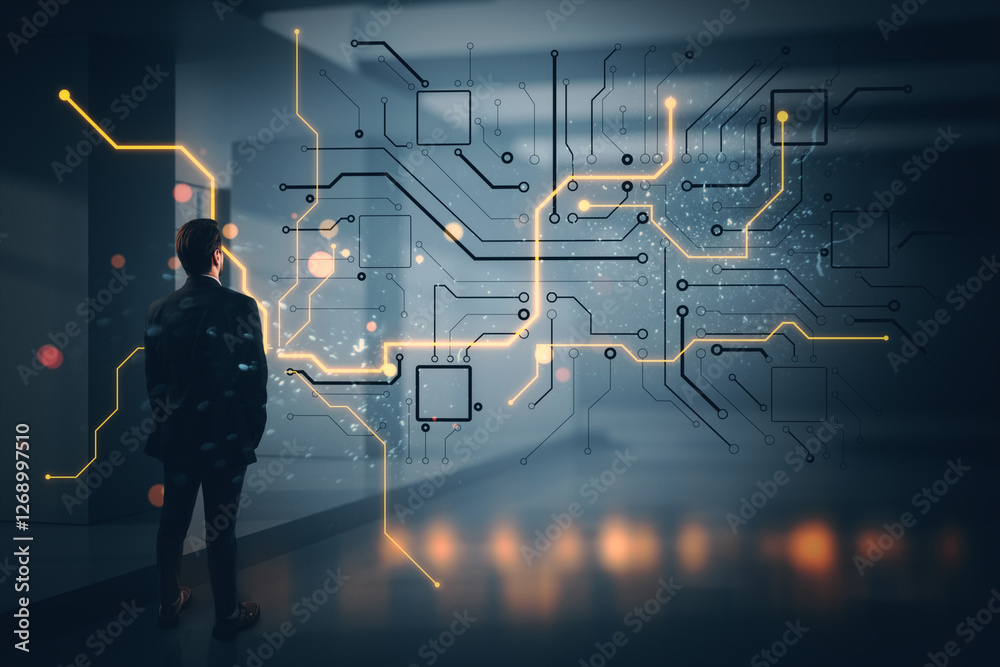 Poster A businessman observing glowing circuit patterns on a futuristic digital display.