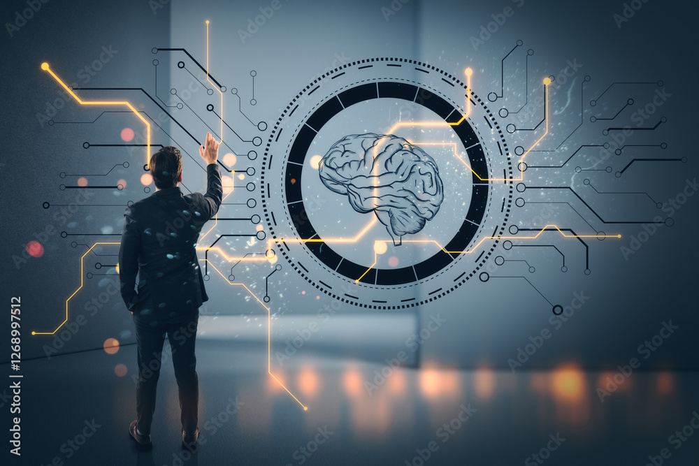 Poster Businessman interacting with virtual brain interface surrounded by neural circuit lines on futuristic background.