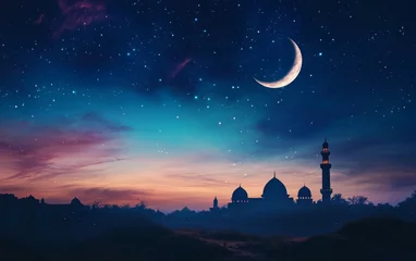Night sky, crescent moon, mosque silhouette, tranquil sunrise background, suitable for Ramadan