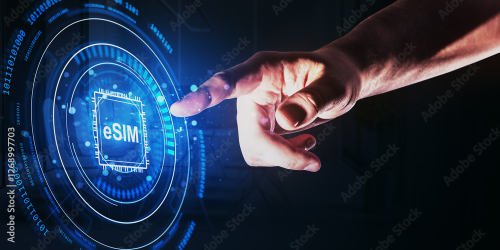 Poster futuristic concept of esim technology with a hand interacting with a glowing digital interface.